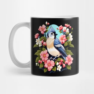 Cute Tufted Titmouse Surrounded by Vibrant Spring Flowers Mug